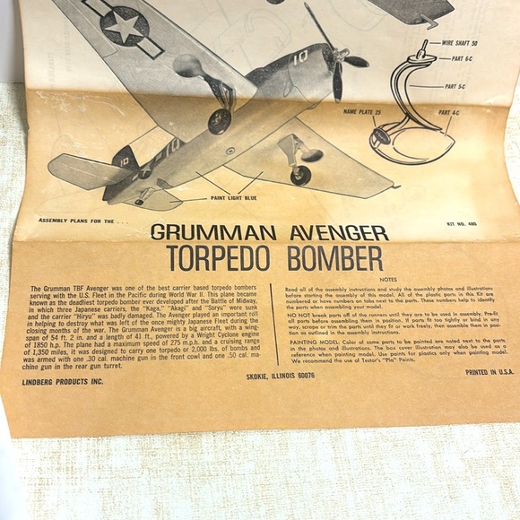 Vintage 1968 Lindberg Line Grumman Avenger TBM-3 Torpedo Bomber 1/72 Model Kit - Picture 17 of 17